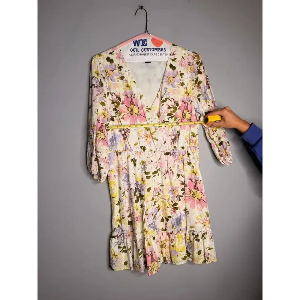 Sanctuary Floral V-Neck Long Sleeve Mini Dress Size 12 Yellow Multi